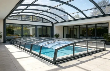 Indoor swimming pool with retractable roof system for year-round use