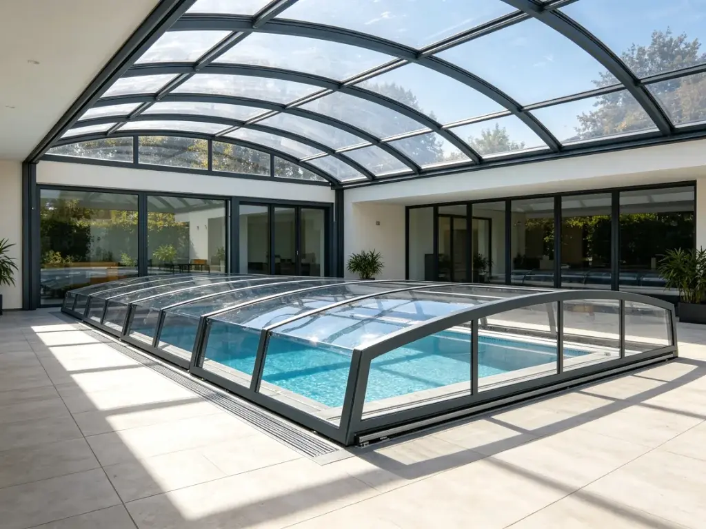 Indoor swimming pool with retractable roof system for year-round use
