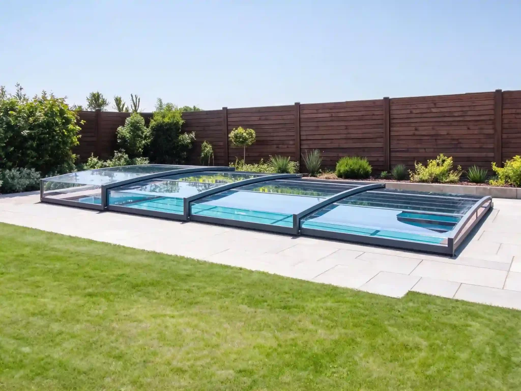 Low pool enclosure for a residential backyard pool