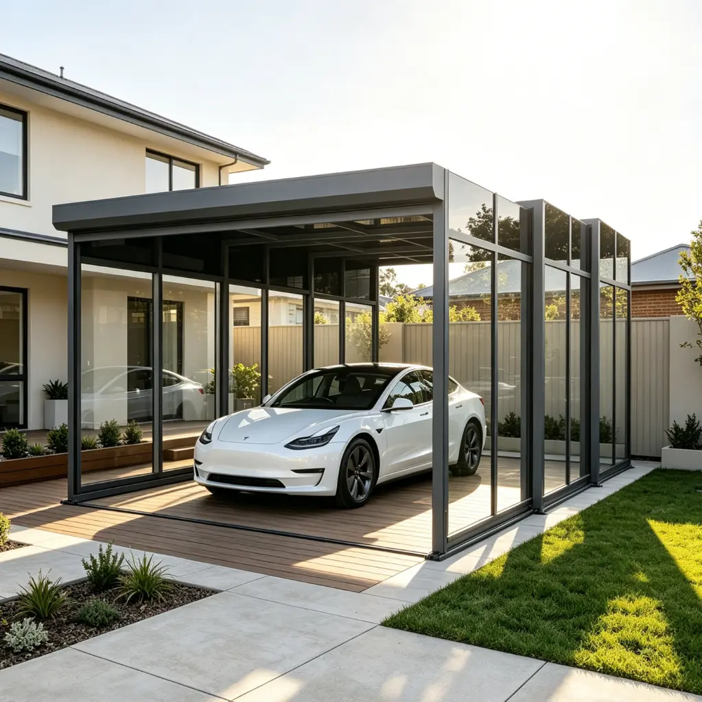 Metallic grey mobile garage carport installed in a backyard driveway for flexible outdoor vehicle protection