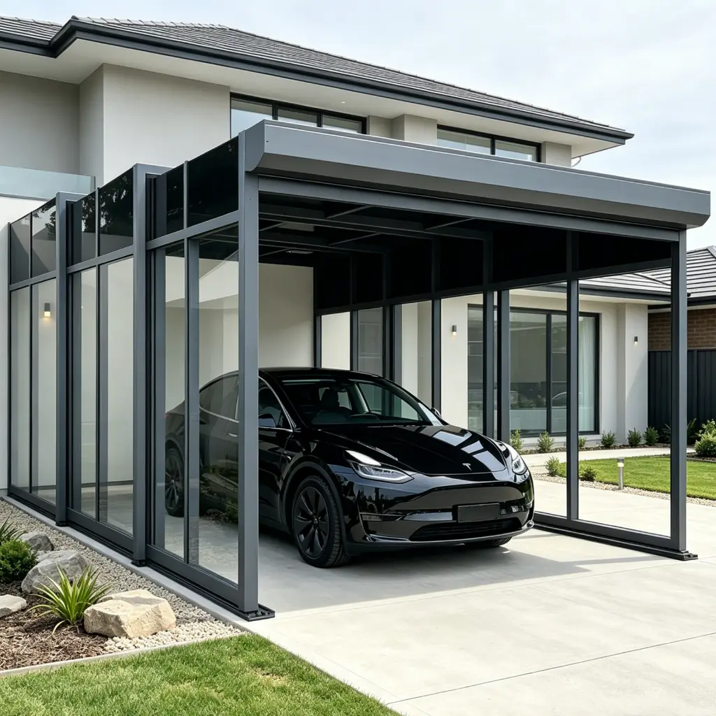 Metallic grey retractable single carport protecting a black Tesla with transparent panels for modern home parking