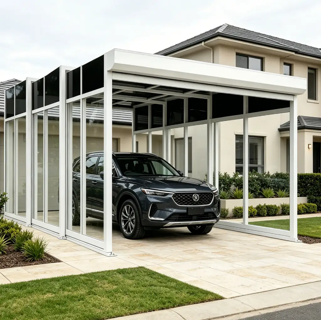 Modern white aluminum retractable mobile garage for outdoor driveway parking with clear polycarbonate panels