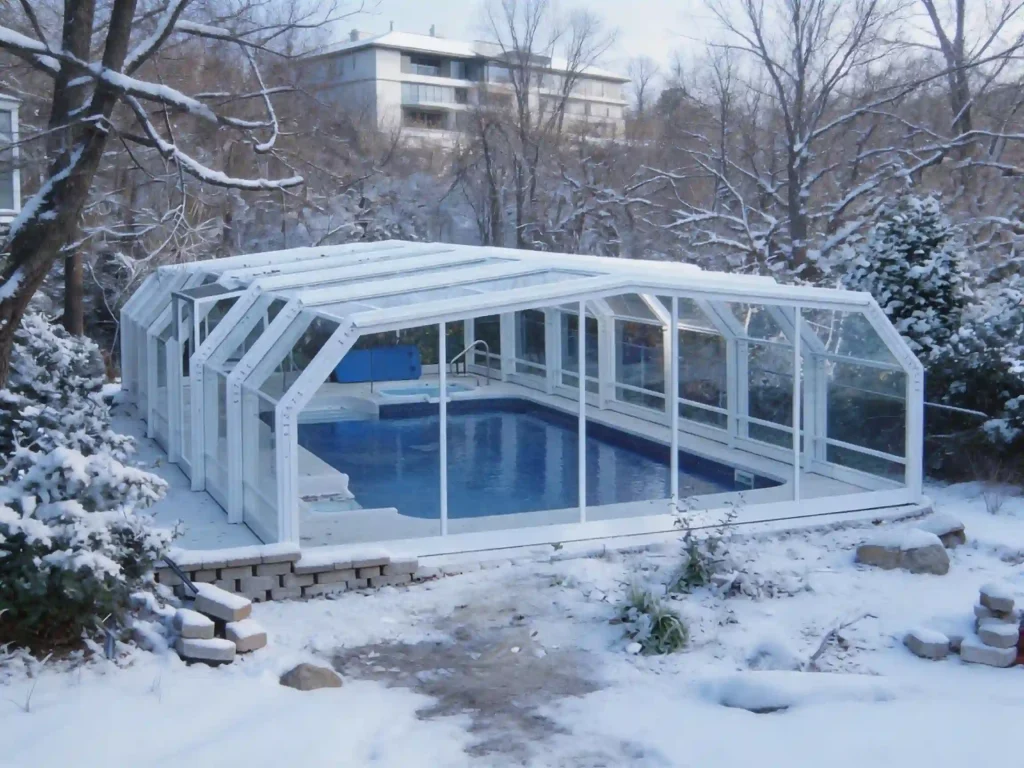 Pool sunroom for cold climate with snow load design