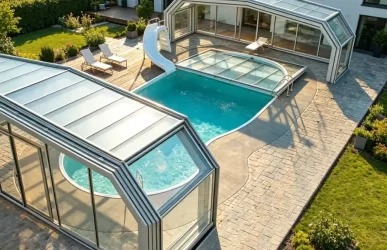 Pool with retractable roof for residential backyard swimming pool