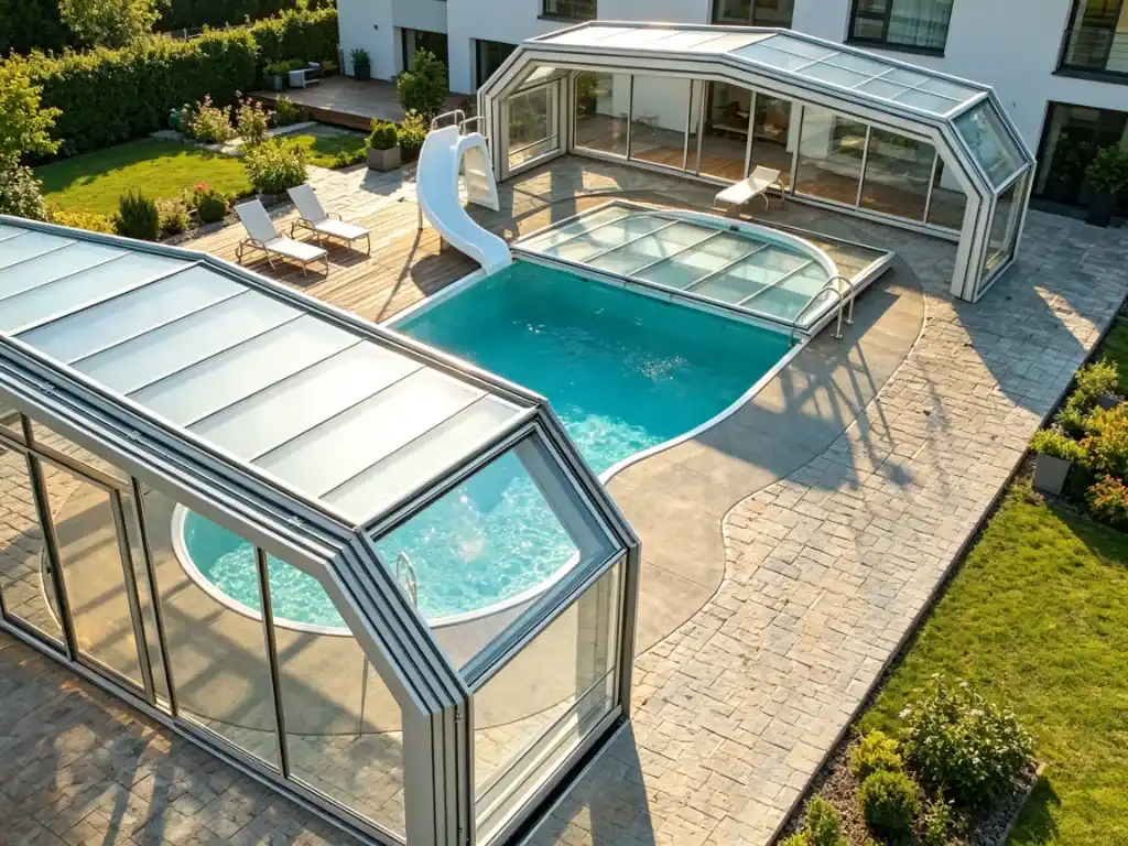 Pool with retractable roof for residential backyard swimming pool
