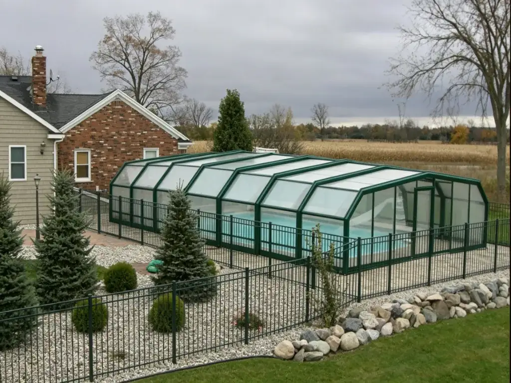 Residential pool retractable roof enclosure for country home backyard