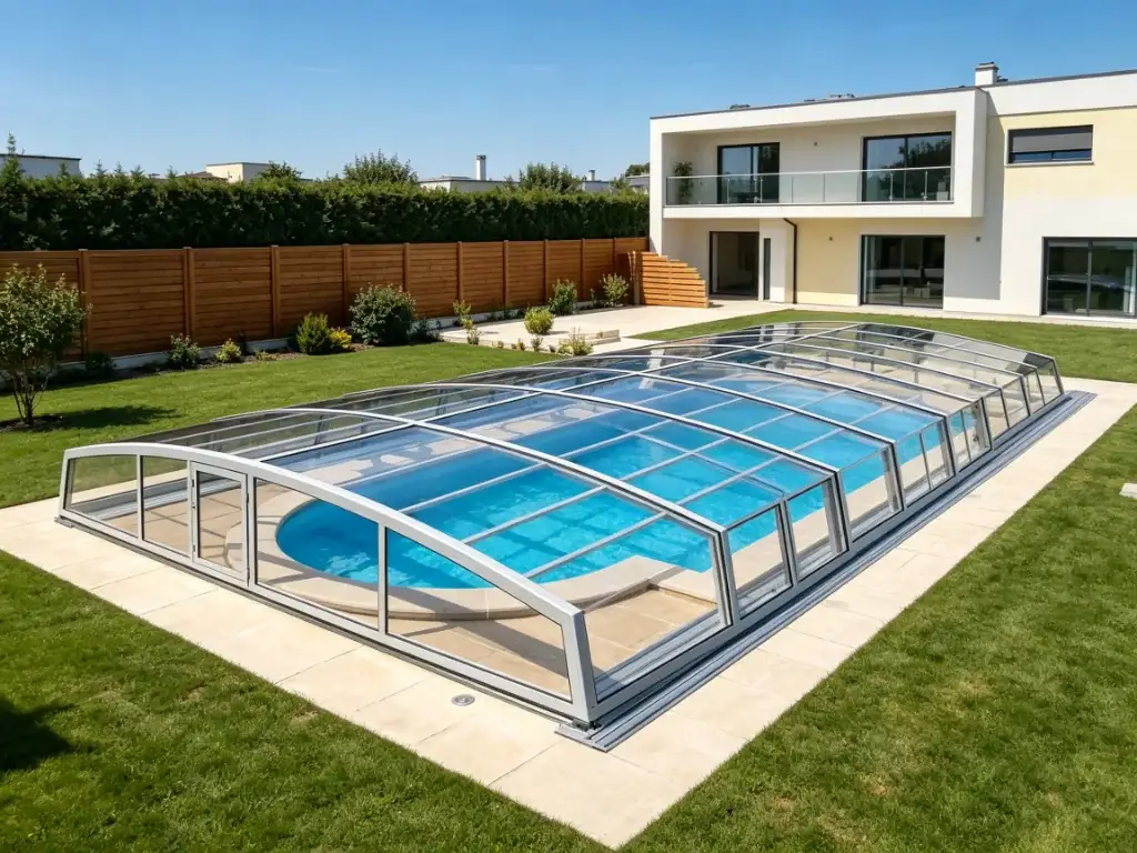 Residential retractable pool roof for a backyard swimming pool
