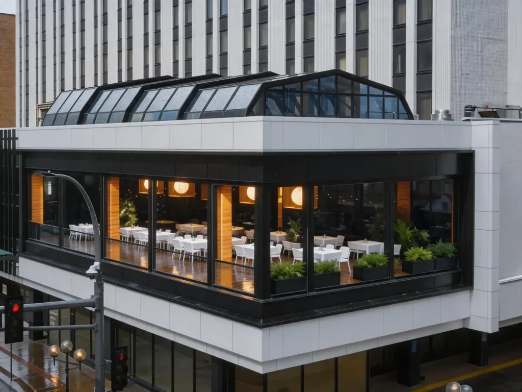 Restaurant patio retractable roof for rain protection