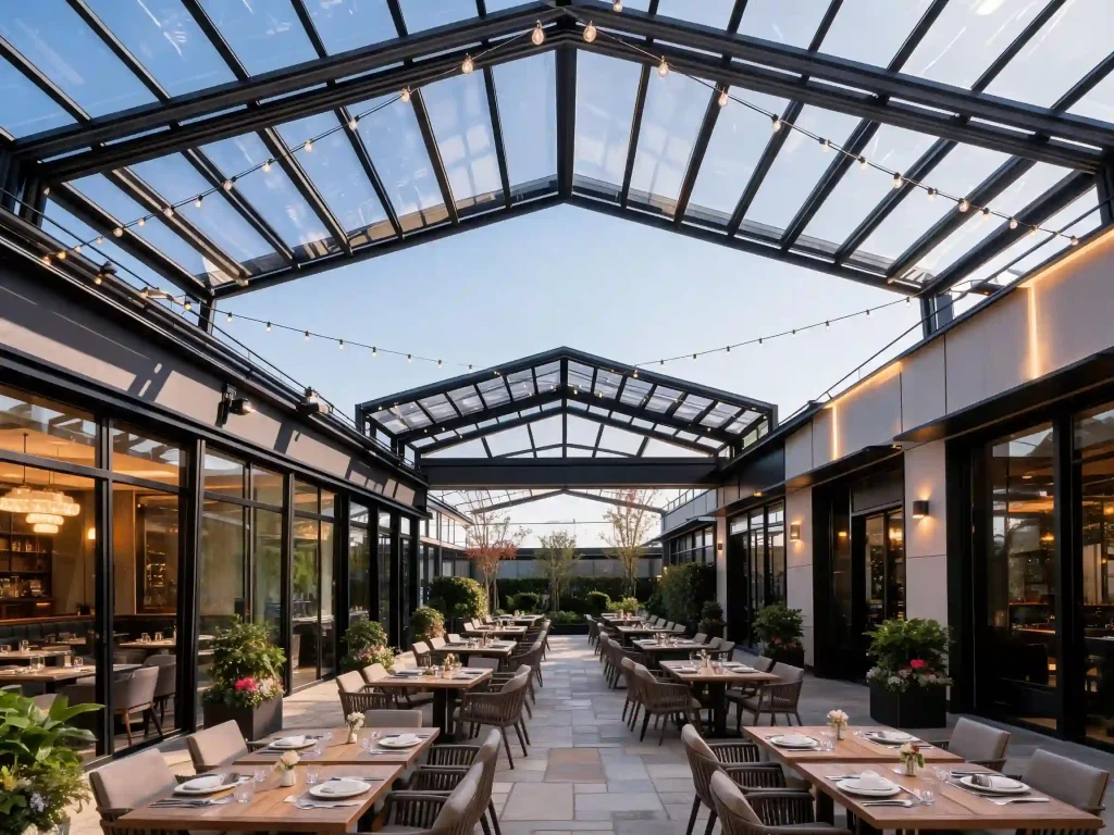 Restaurant retractable roof system for outdoor dining area