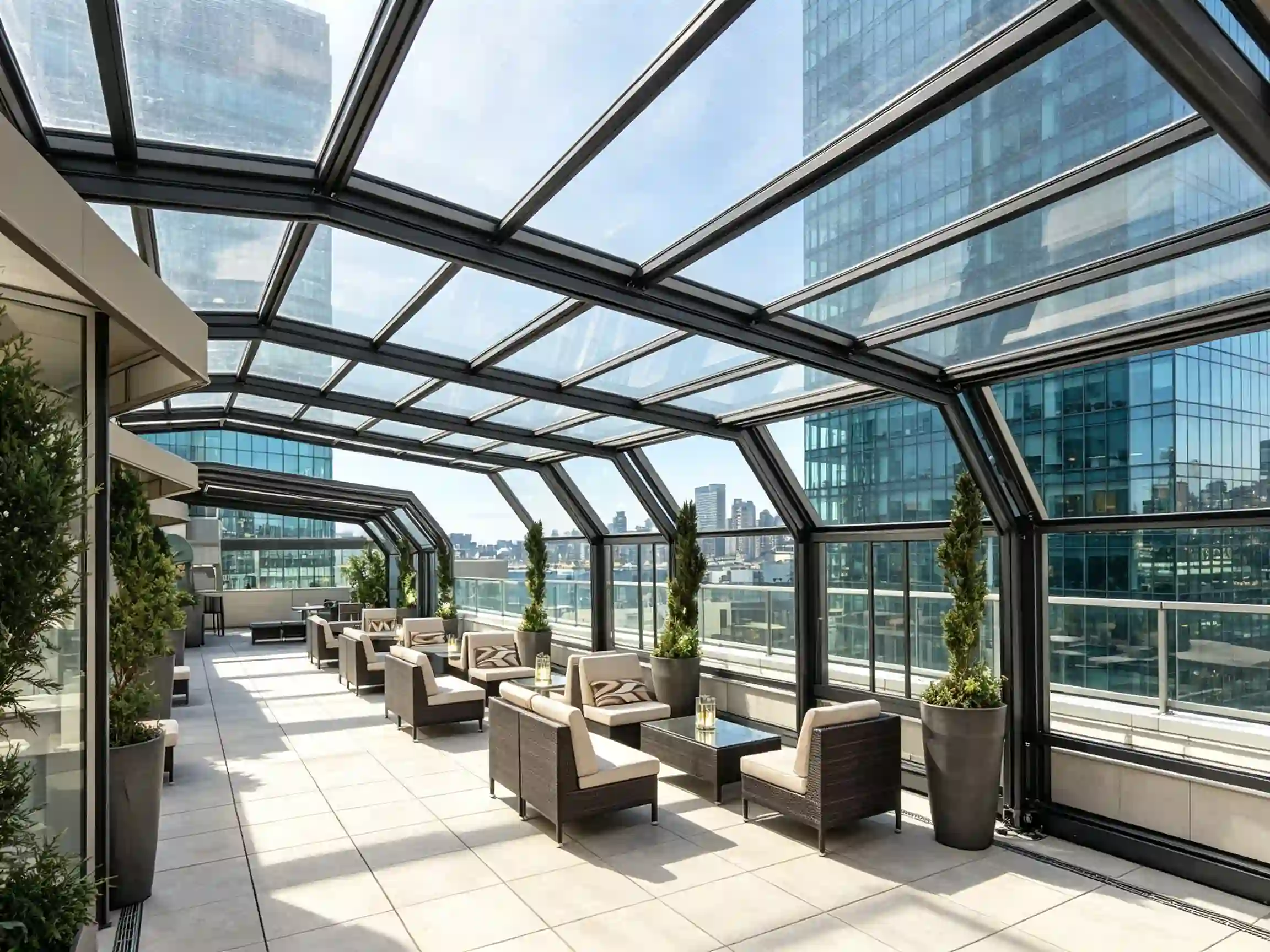 Restaurant rooftop retractable roof for outdoor dining area