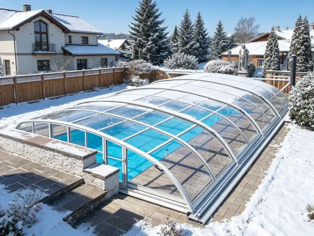  Retractable pool roof system protecting a swimming pool in winter
