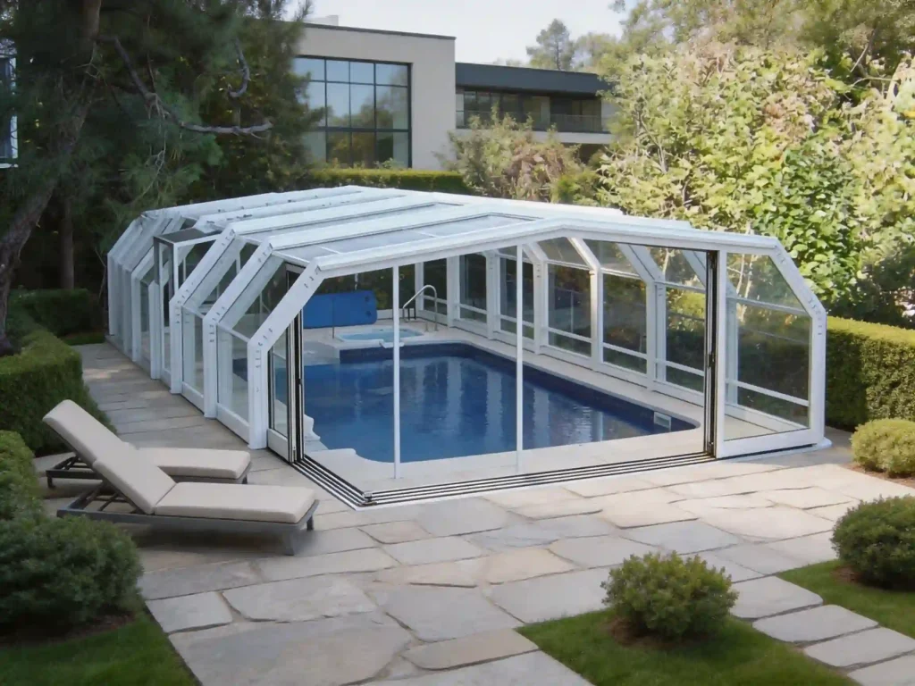 Retractable pool sunroom for outdoor swimming pool