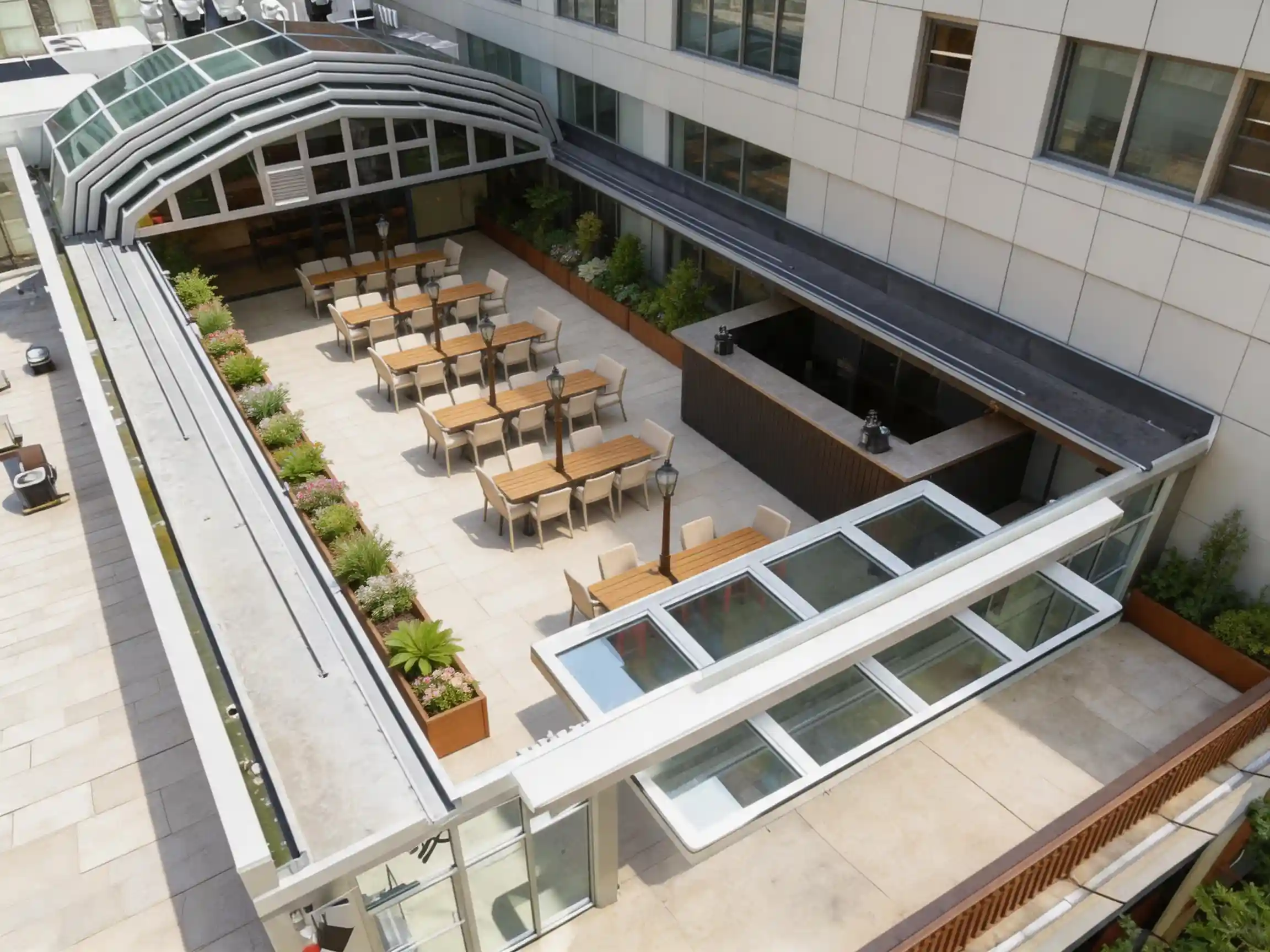Motorized retractable roof for restaurant patio with outdoor seating
