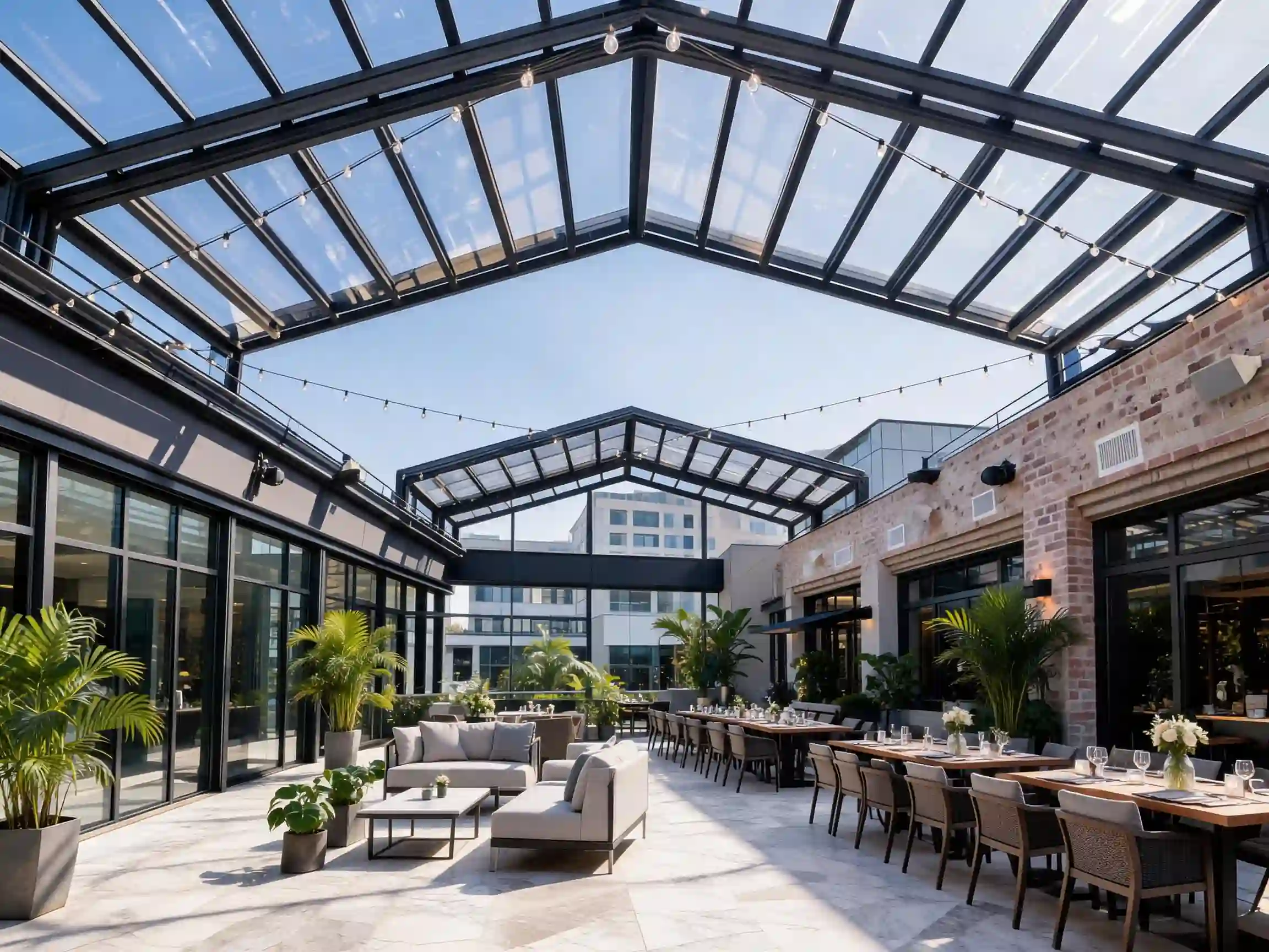 Retractable roof systems for patios restaurants and courtyards