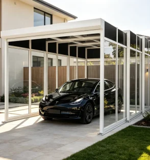 White retractable single carport garage kit installed on a modern villa driveway with transparent side panels and a black vehicle parked inside