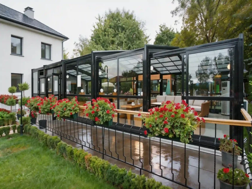Retractable sunroom closed for rain protection