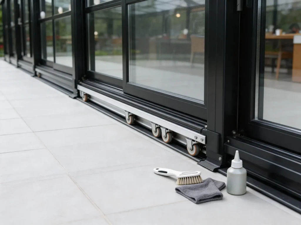 Retractable sunroom track and roller maintenance detail