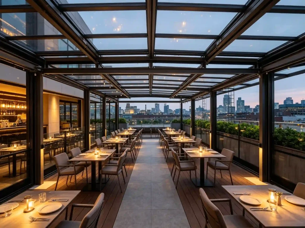 Rooftop bar retractable roof system with city view