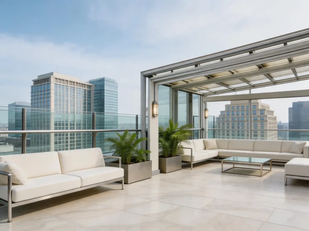 Rooftop retractable roof systems for hotels restaurants and commercial terraces