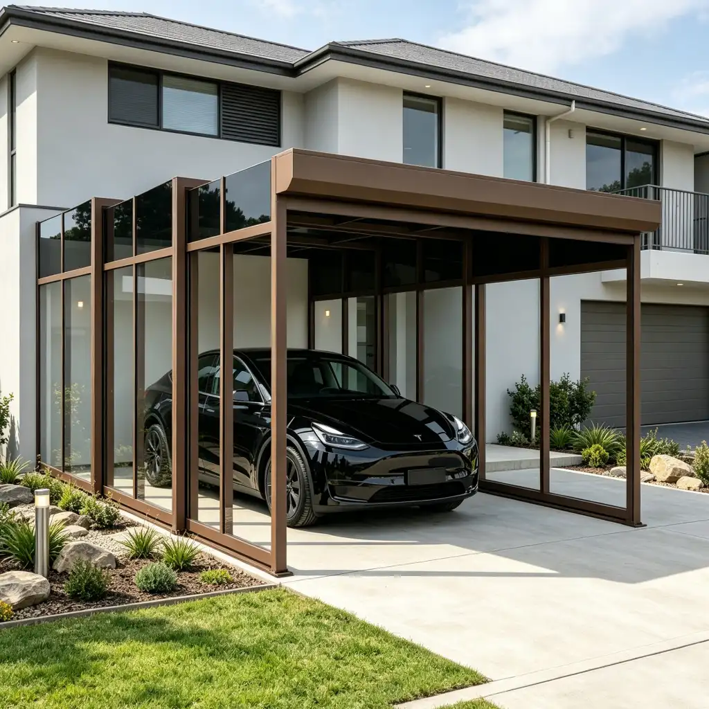 Sand coffee modern mobile garage with aluminum frame and transparent polycarbonate panels for villa driveway parking