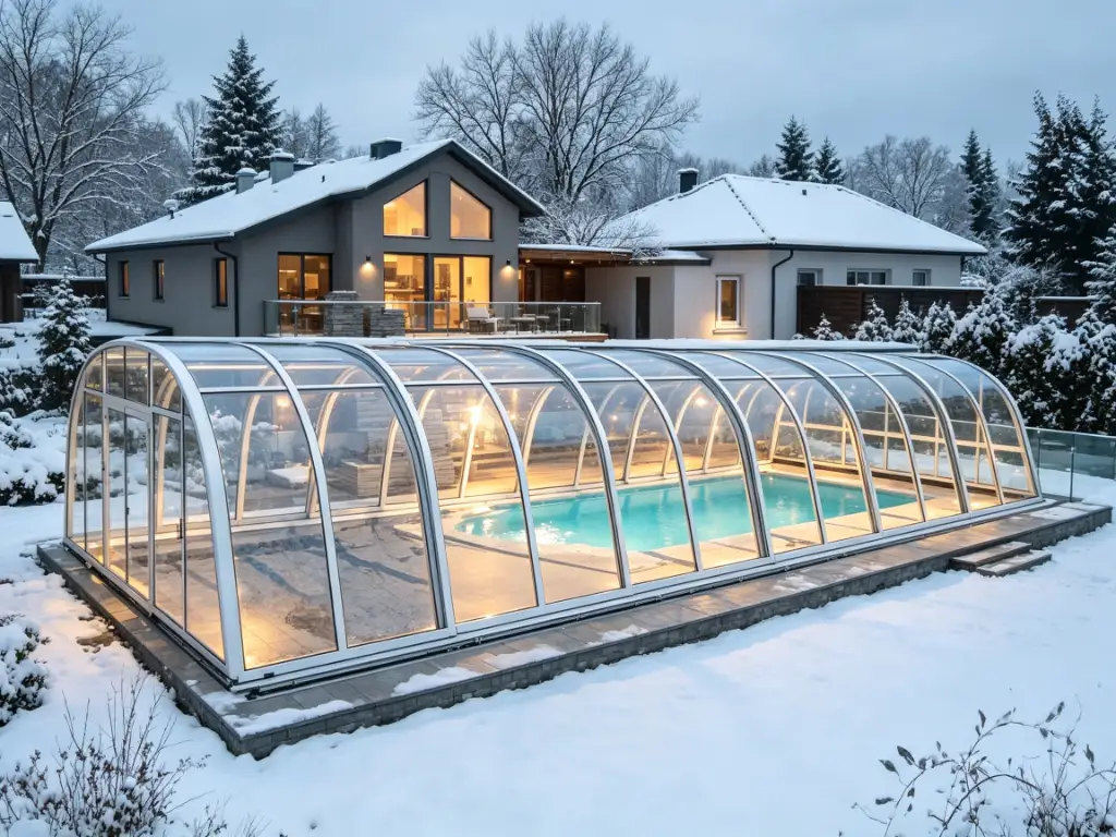 Winter pool sunroom with snow load design