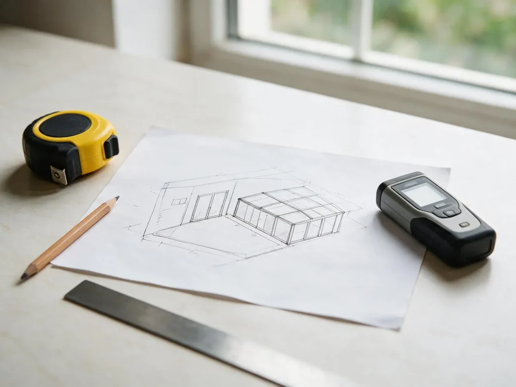 Site sketch showing width, length and opening direction for a retractable sunroom