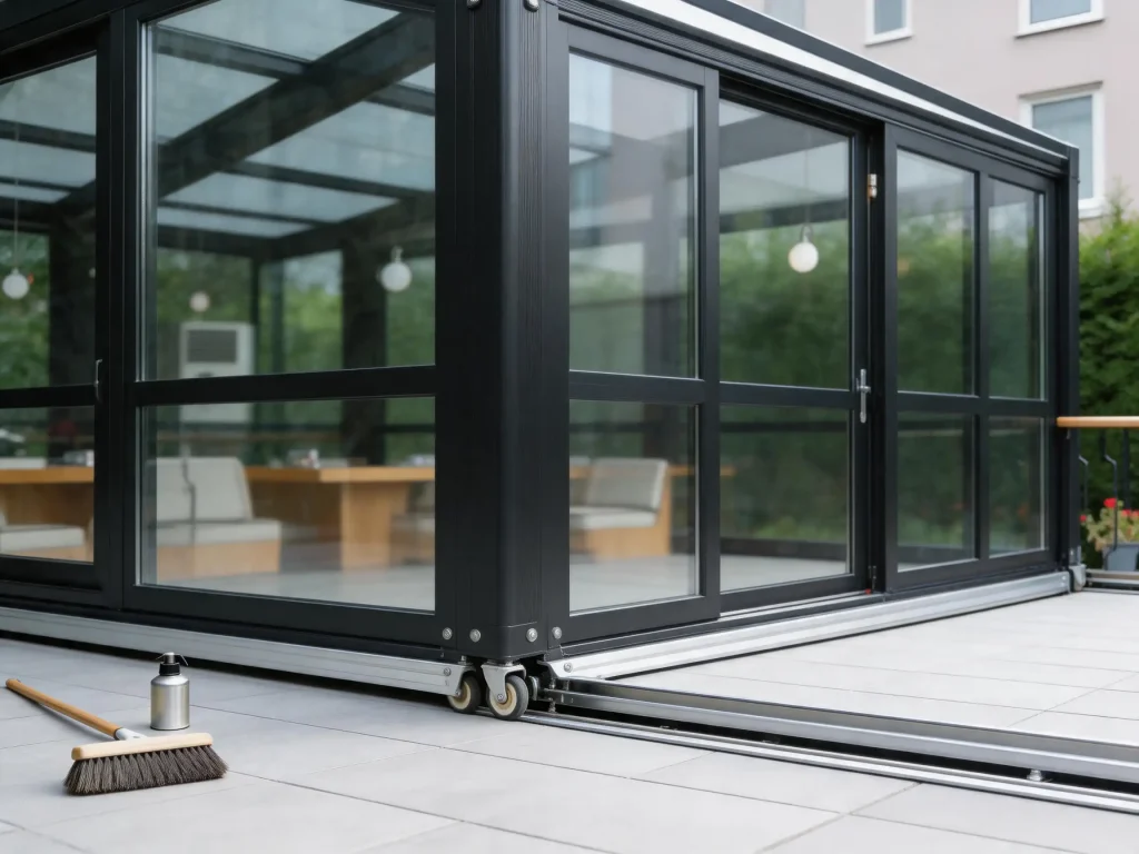 Retractable sunroom track maintenance and roller alignment